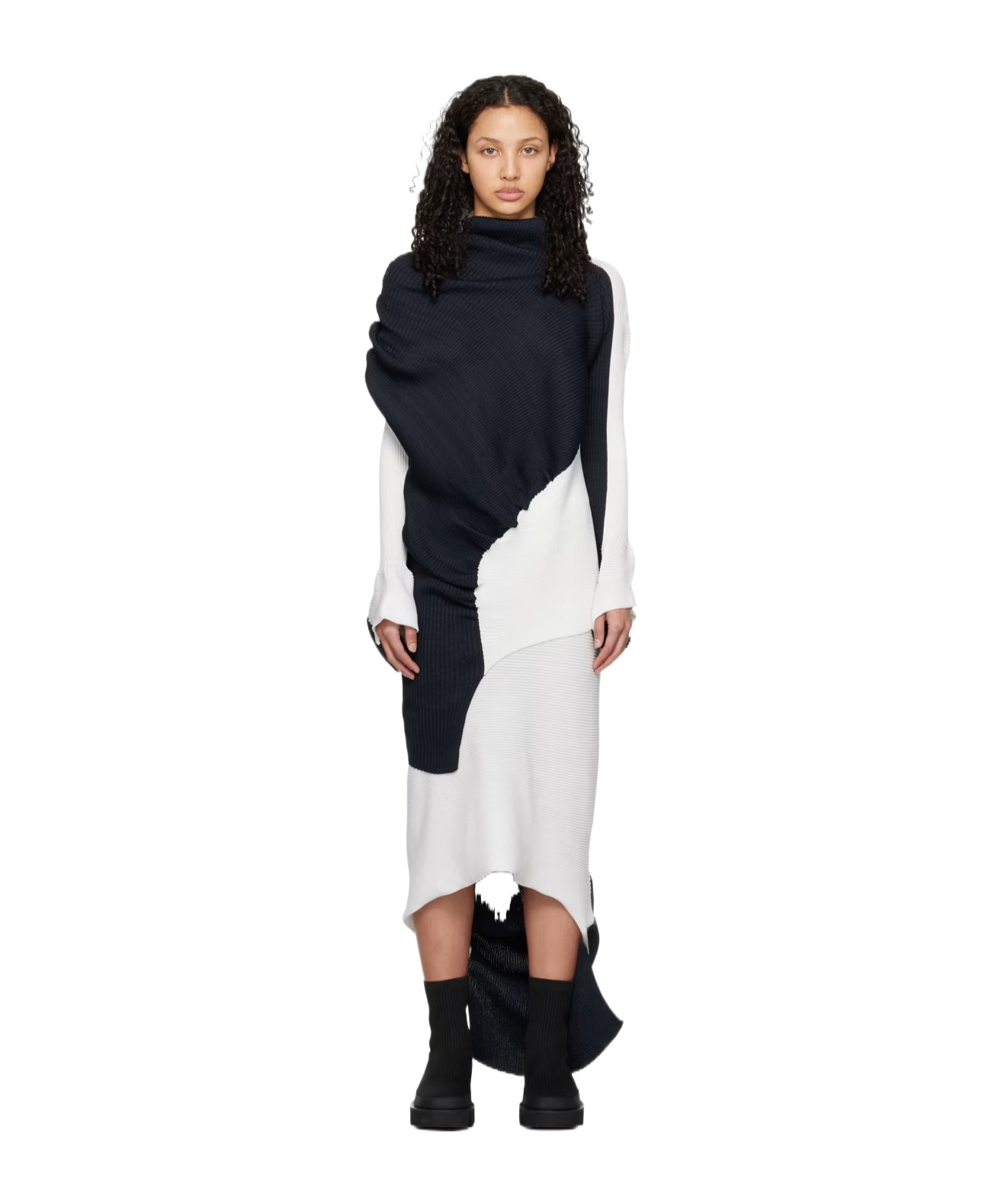 Issey Miyake Navy & White Aerate Turtleneck In Black