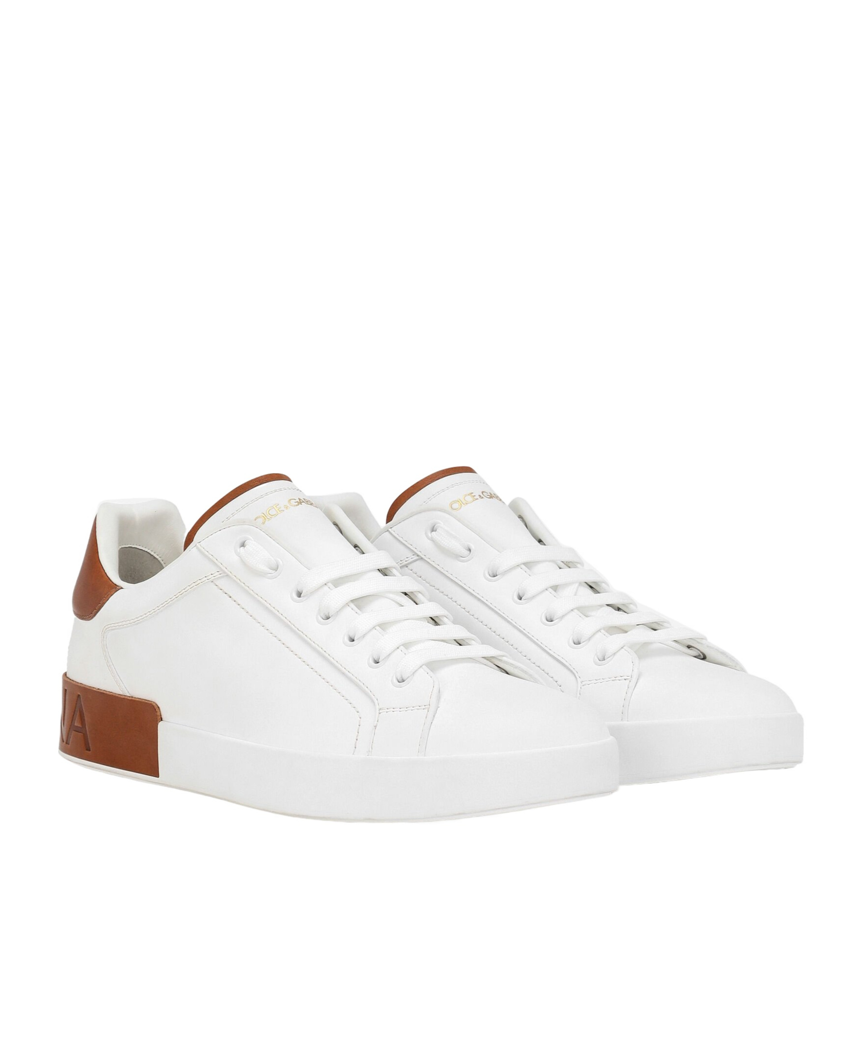 Dolce & Gabbana White Calf Leather Portofino Sneakers In Red