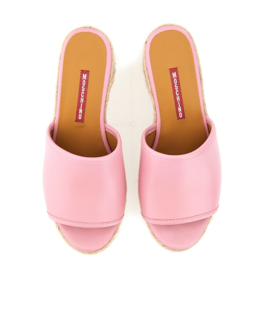 Moschino Pink Leather Sandal With Jute-wrapped Platform In Nude