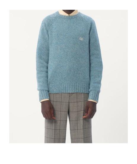 Valentino Crewneck Wool Jumper With Vlogo Embroidery In Blue