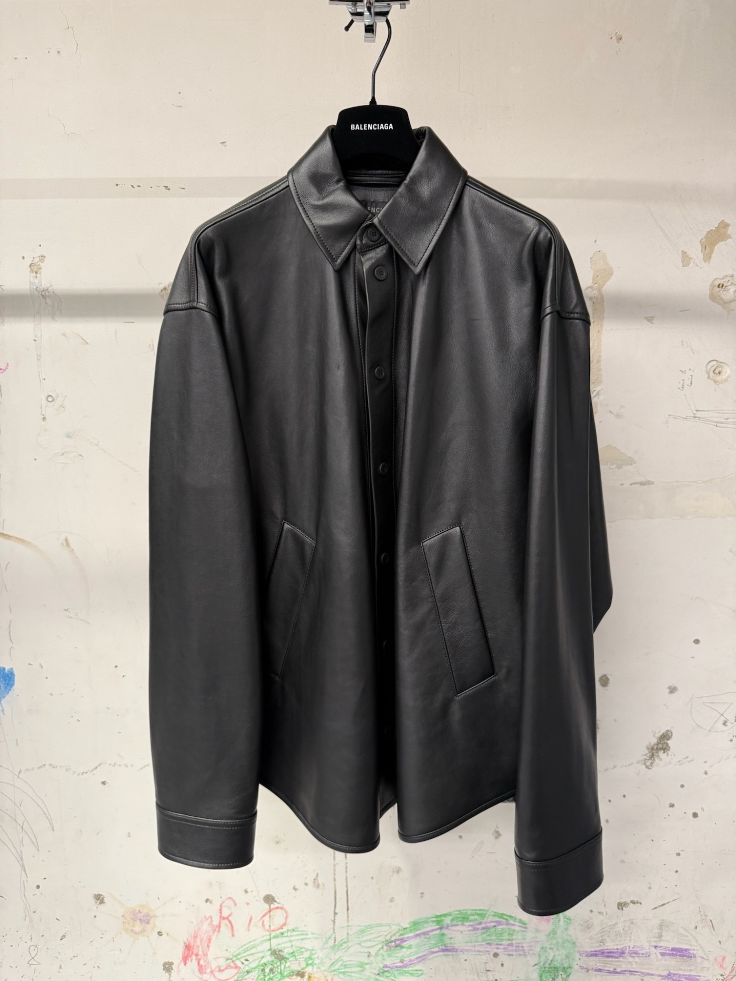 Balenciaga Leather Overshirt In Black
