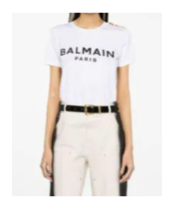 Balmain Women White Crewneck T-shirt With Logo Print And Golden Buttons In Jersey Woman In Gray