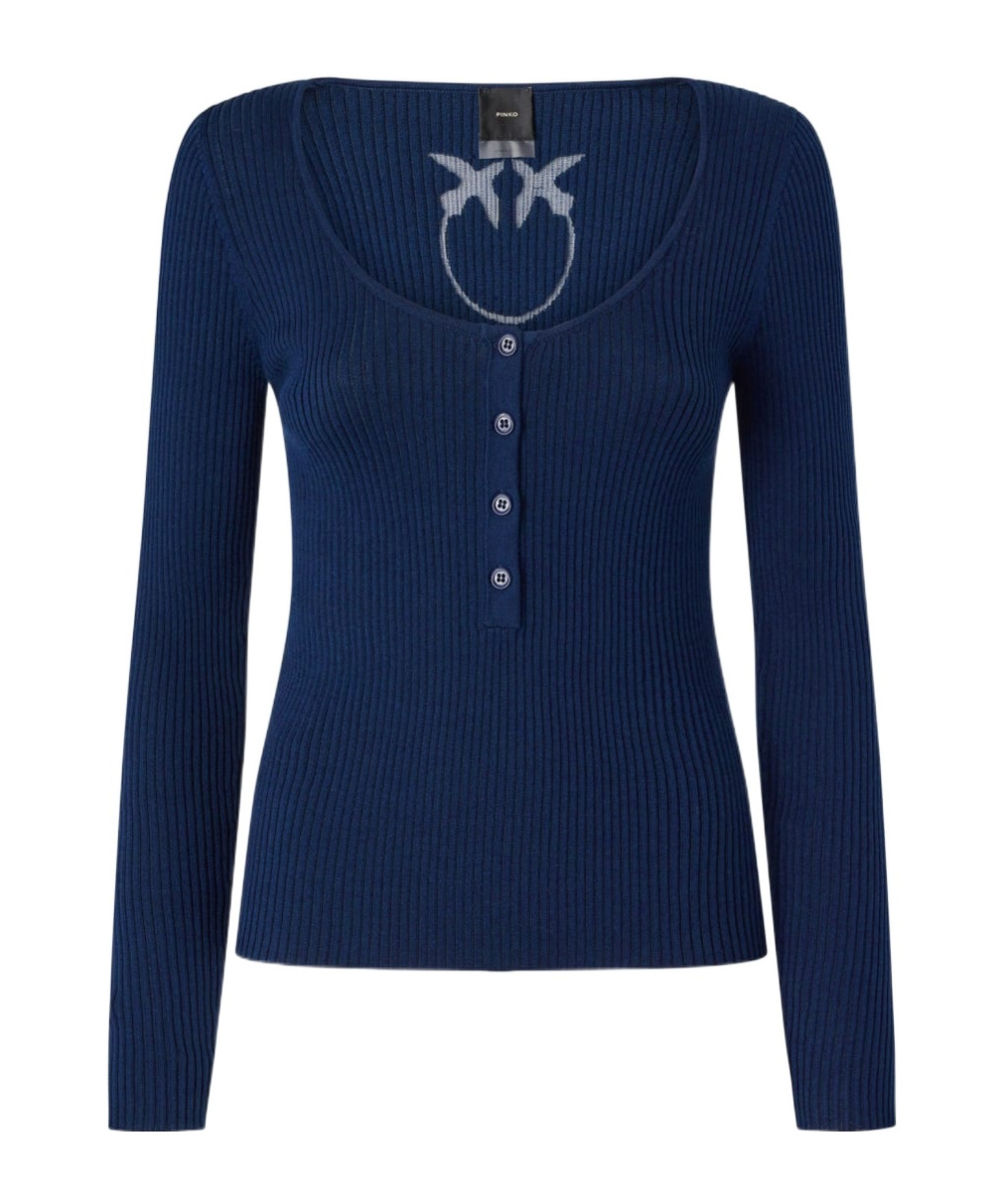 Pinko Love Birds-logo Ribbed Top In Blue