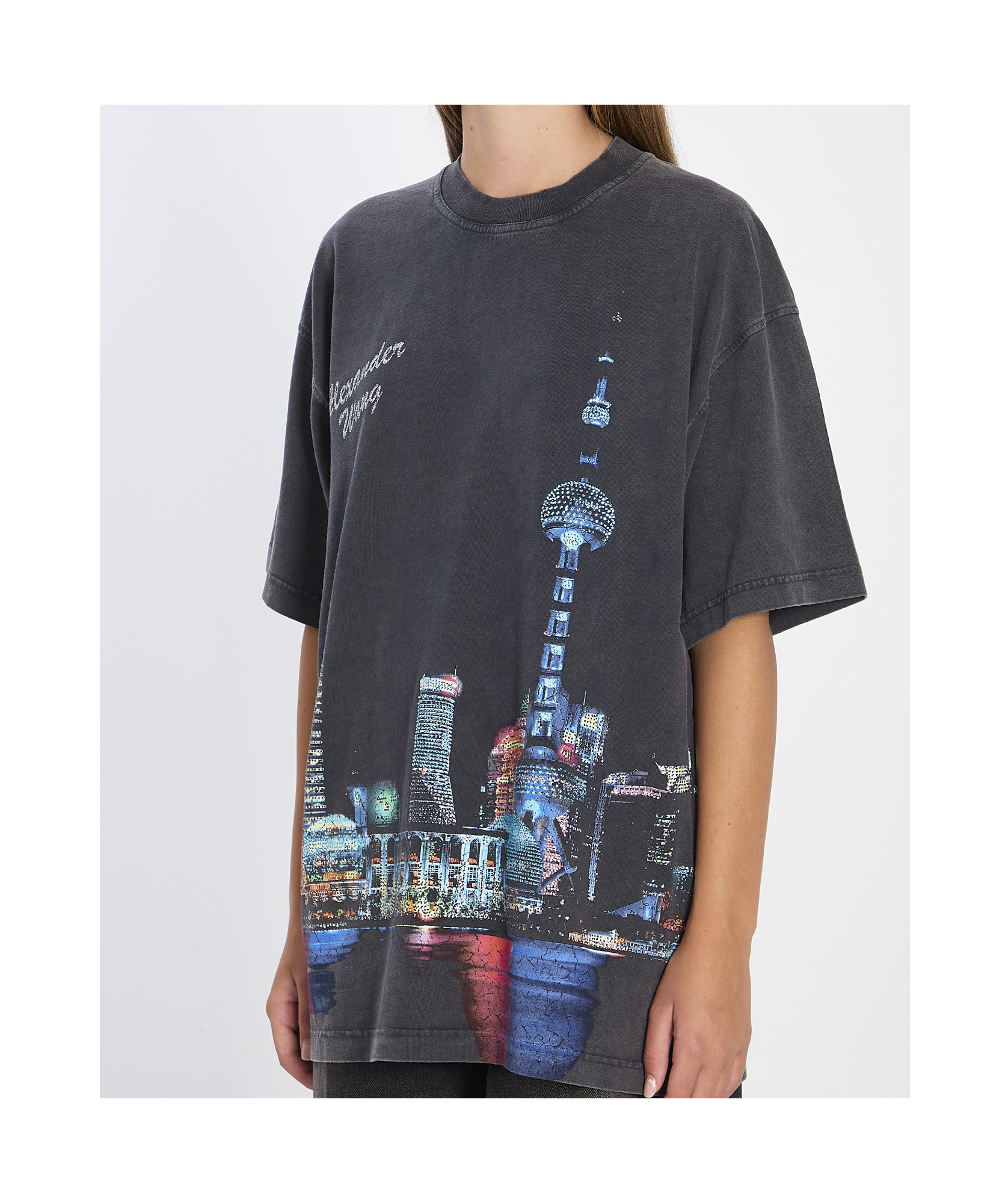Alexander Wang Women T-shirt With Thermo-applied Rhinestones And Shanghai Skyline In Blue