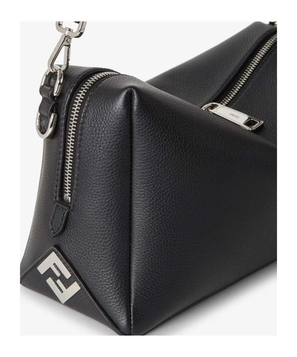 Fendi Medium Shoulder Bag Adjustable Strap Metal Hardware Textured Finish In Black