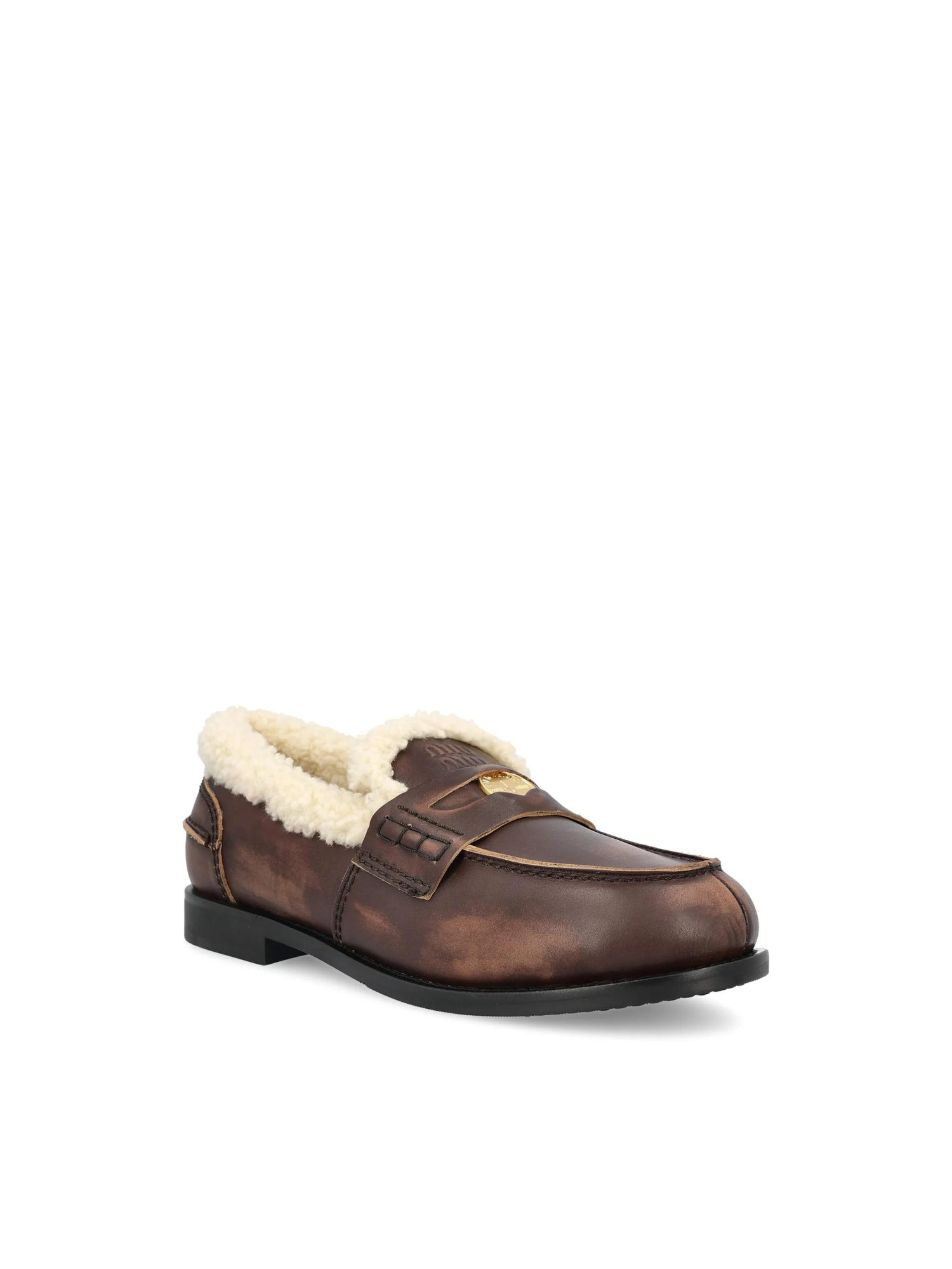Miu Miu Leather Round Toe Loafers For Winter In Brown