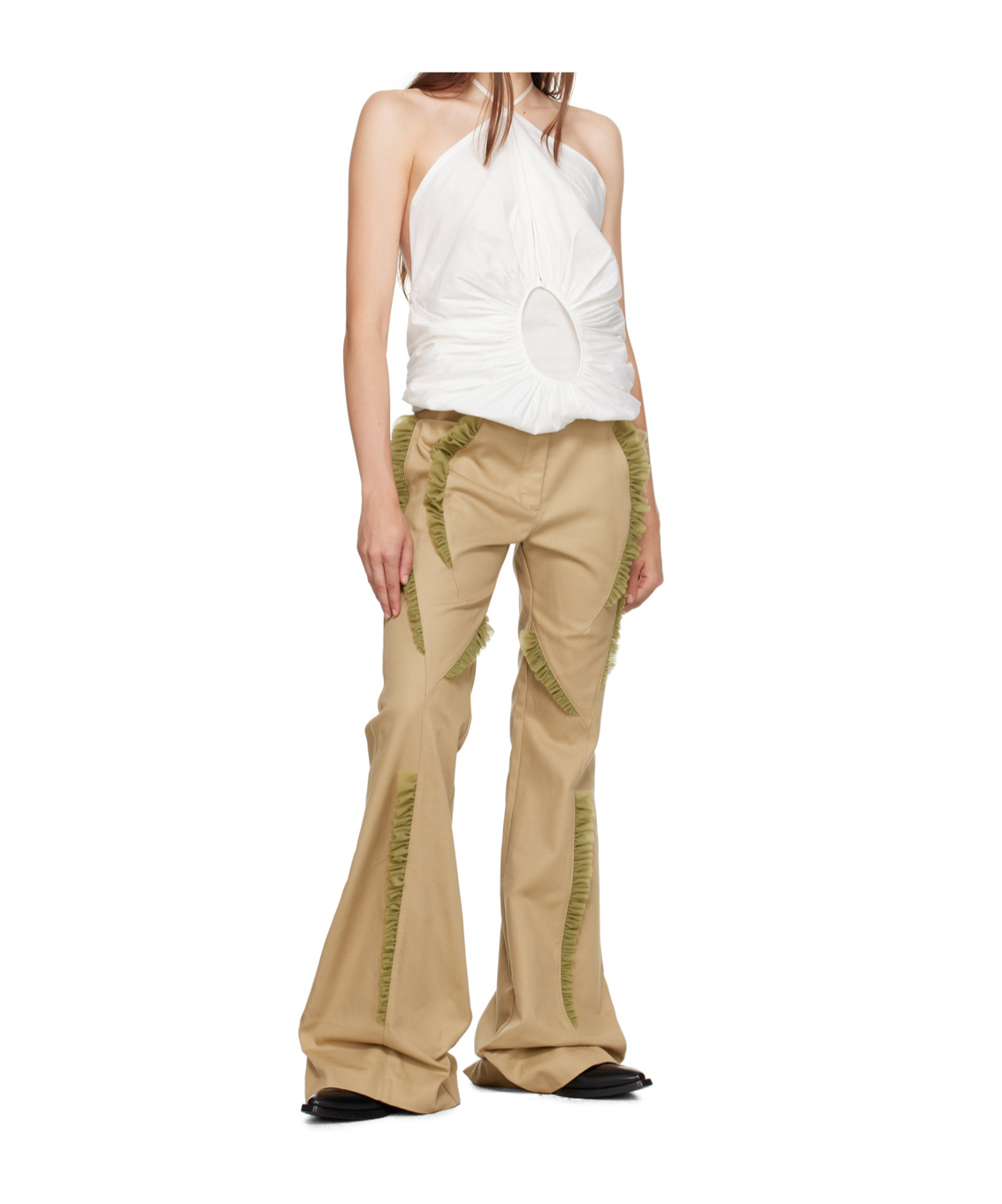 Kiko Kostadinov Feather Trim Flared Cotton Pant In Green