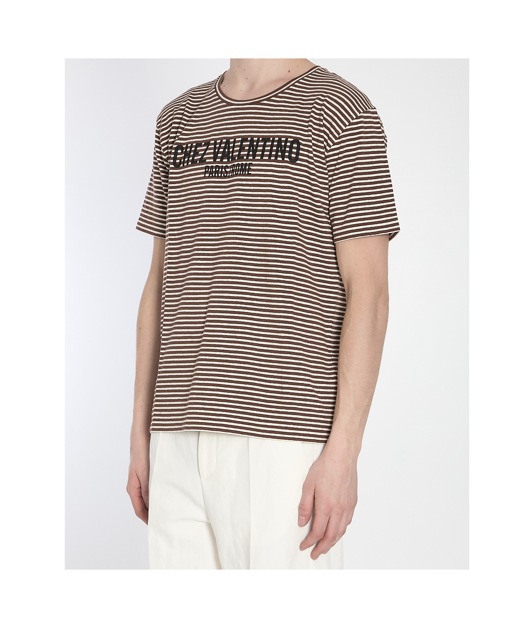 Valentino Striped Cotton T-shirt With Chez Print In White