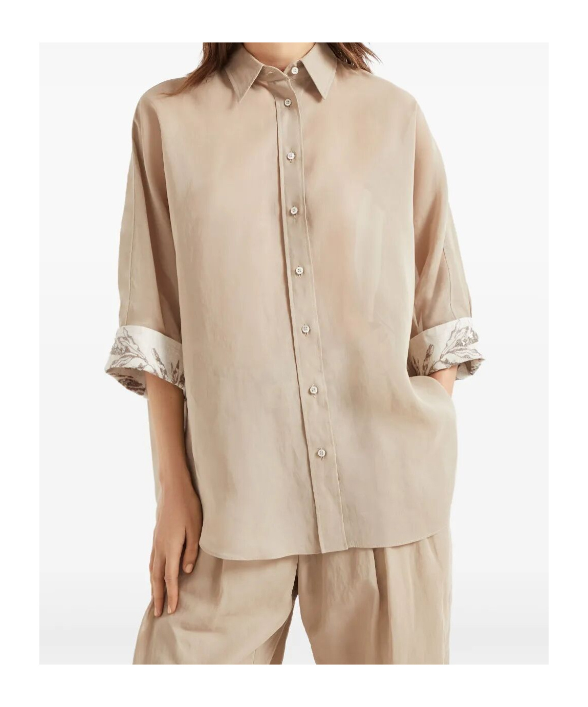 Brunello Cucinelli Women Cotton Organza Shirt With Glistening Flora Embroidery In Nude