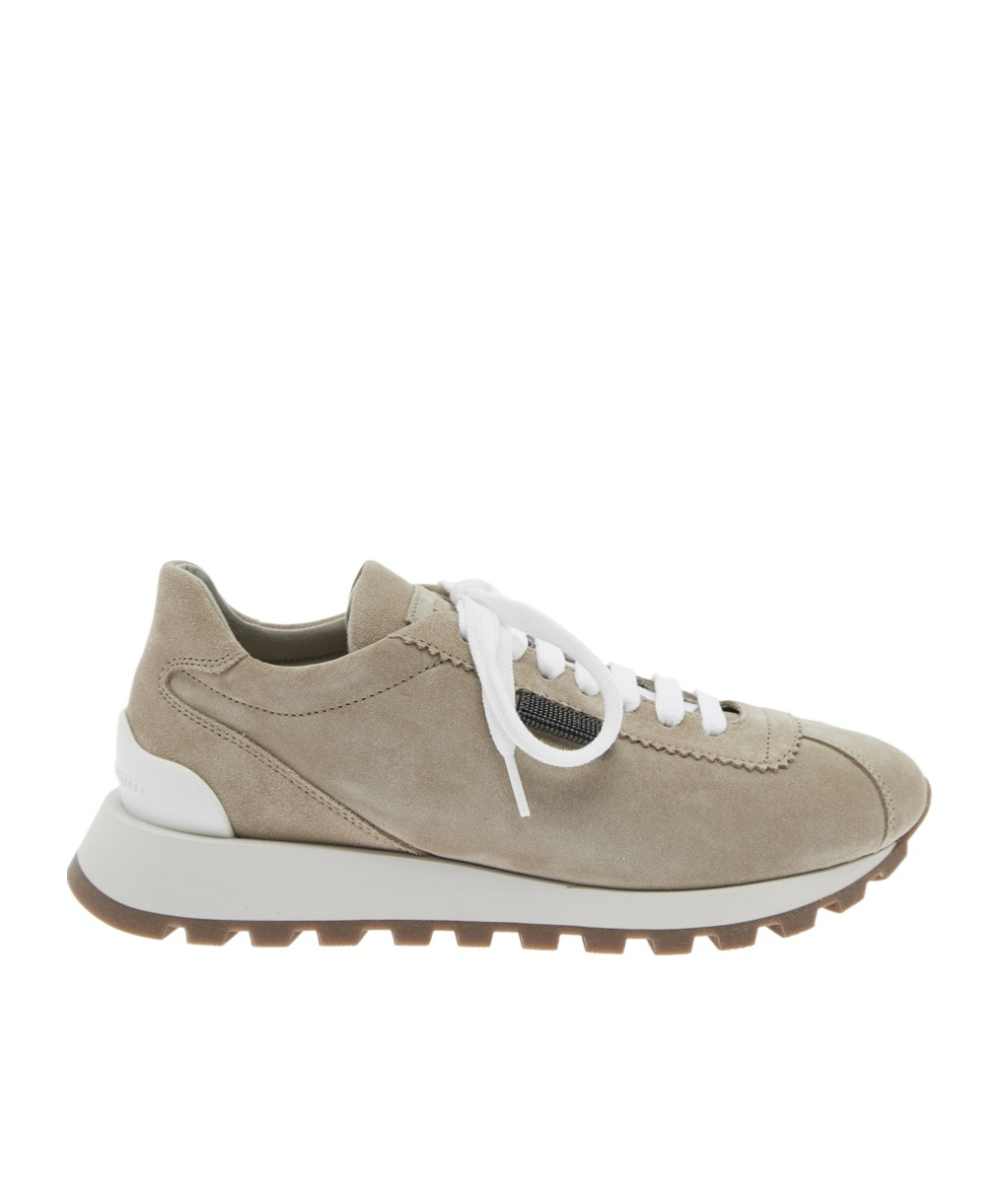 Brunello Cucinelli Beige Low Top Sneakers With Monil Detail On The Side And Embossed Logo Lettering On The Rear In Leat
