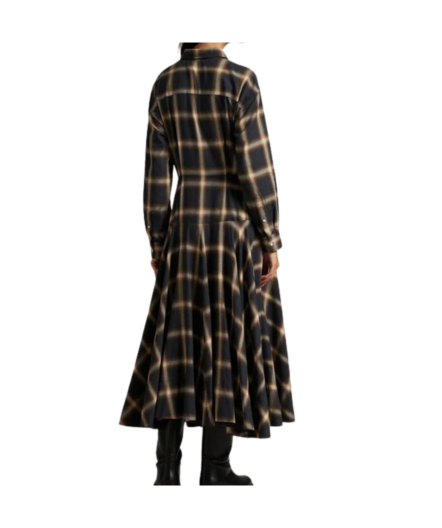 Ralph Lauren Plaid And Twill Patchwork Midi Shirt Dress In Black