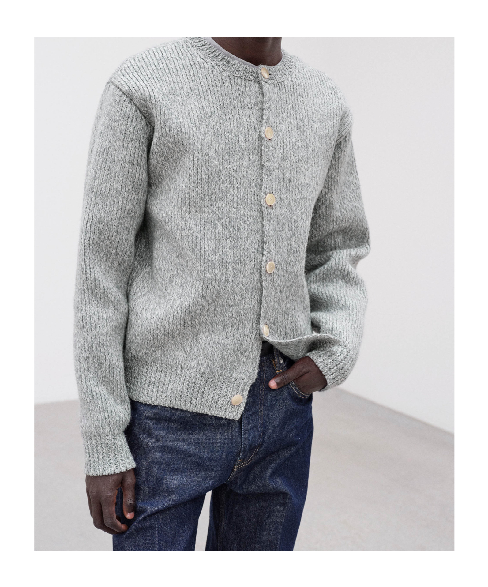 Auralee Double-faced Wool Alpaca Low Gauge Knit Crew-neck Cardigan In Gray