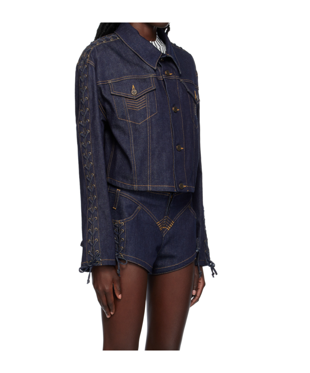 Jean Paul Gaultier Oversized Lace-up Topstitched Denim Jacket In Blue