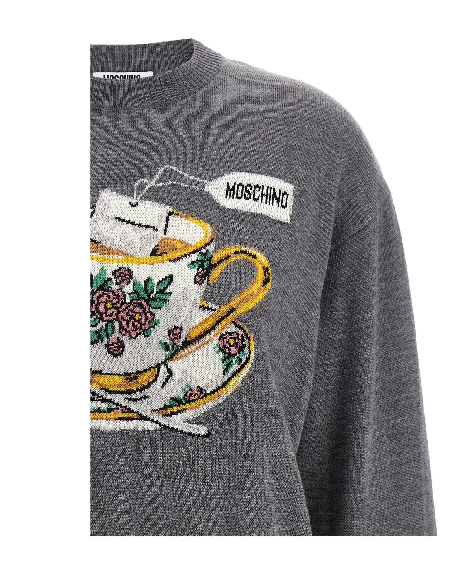 Moschino Crew Neck Graphic Print Intarsia Sweater In Gray