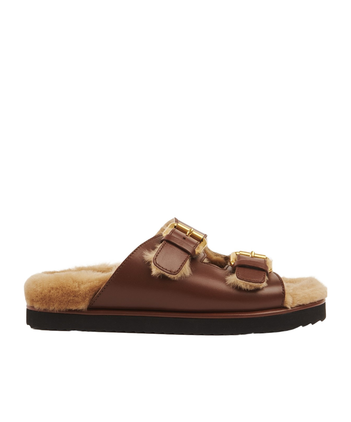 Chloé Nil Leather Shearling Dual-buckle Sandals In Brown
