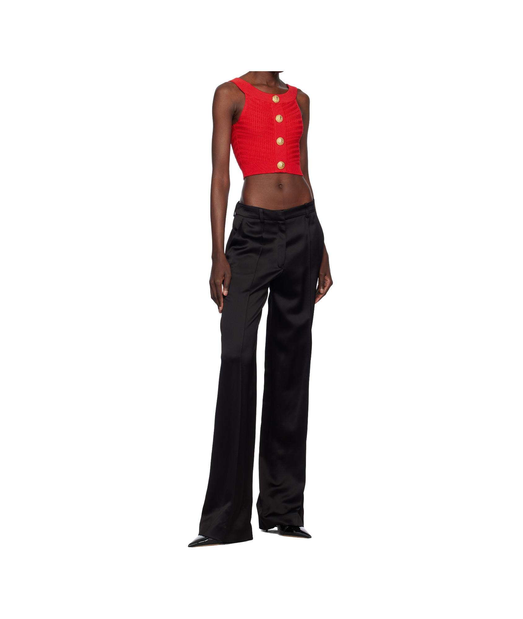 Balmain Red Buttoned Boatneck Knit Cropped Tank Top In Red