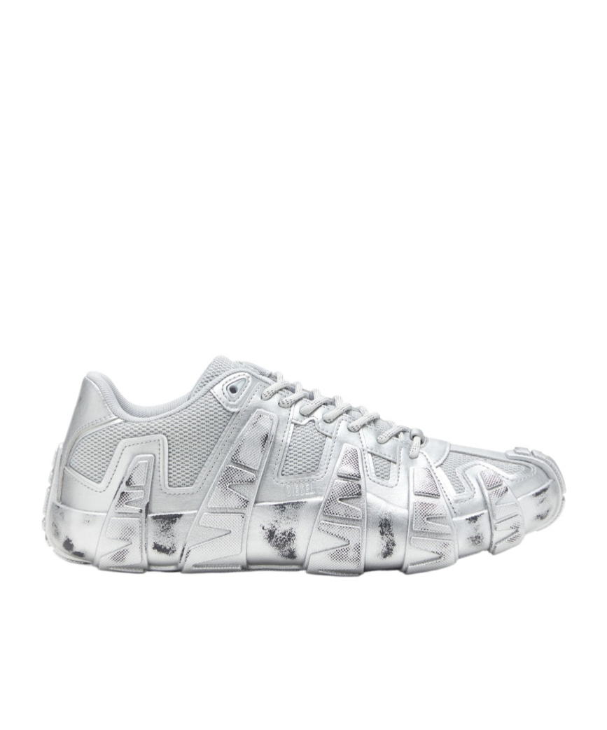 Diesel S-d-griffe-metallic Sneakers In Mesh And Pu In Silver