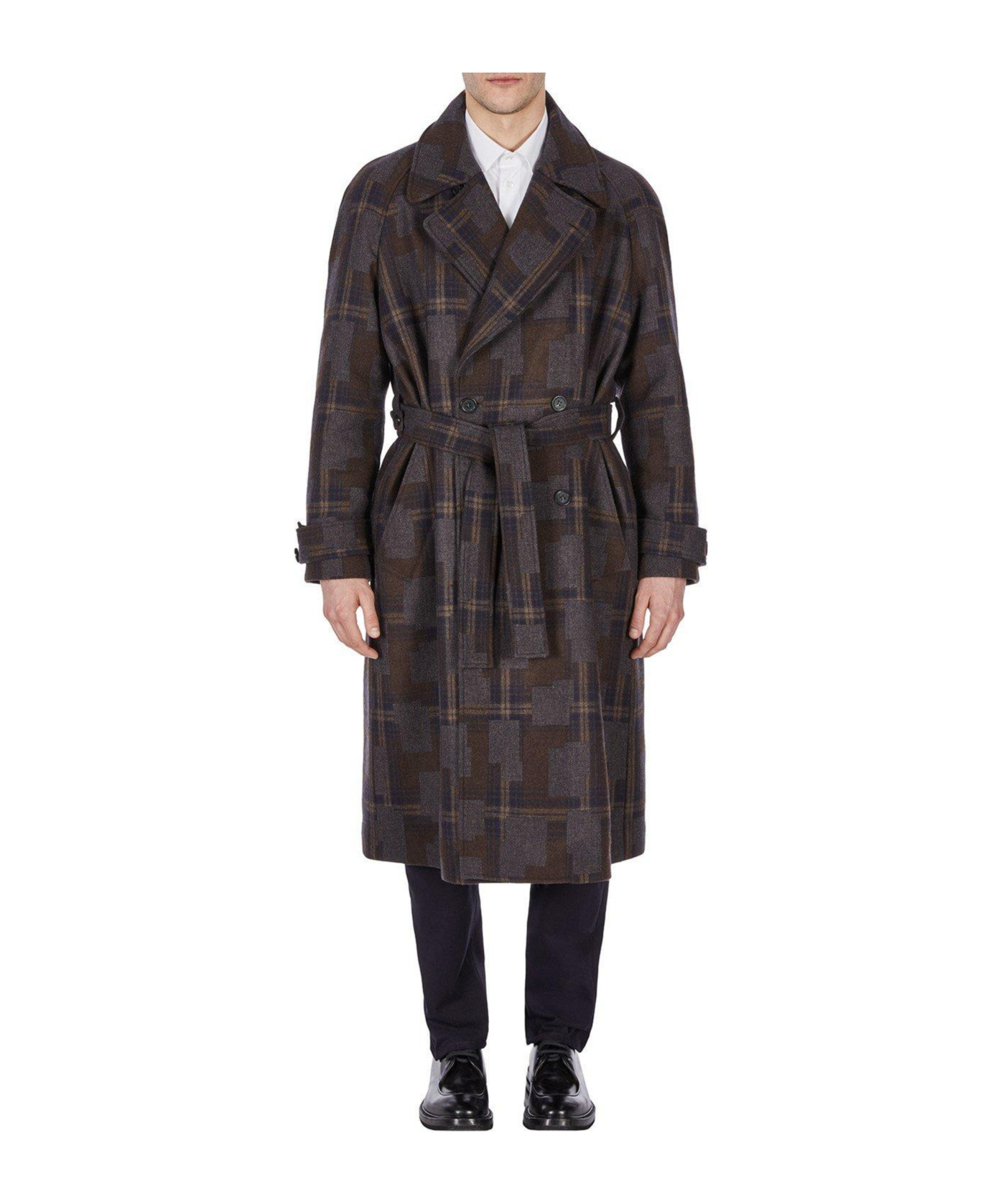 Emporio Armani Patterned Belted Trench Coat In Black