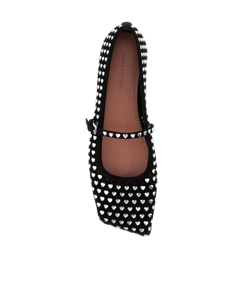 Amina Muaddi Ane Crystal Heart Flat Ane Blawhicry In Black