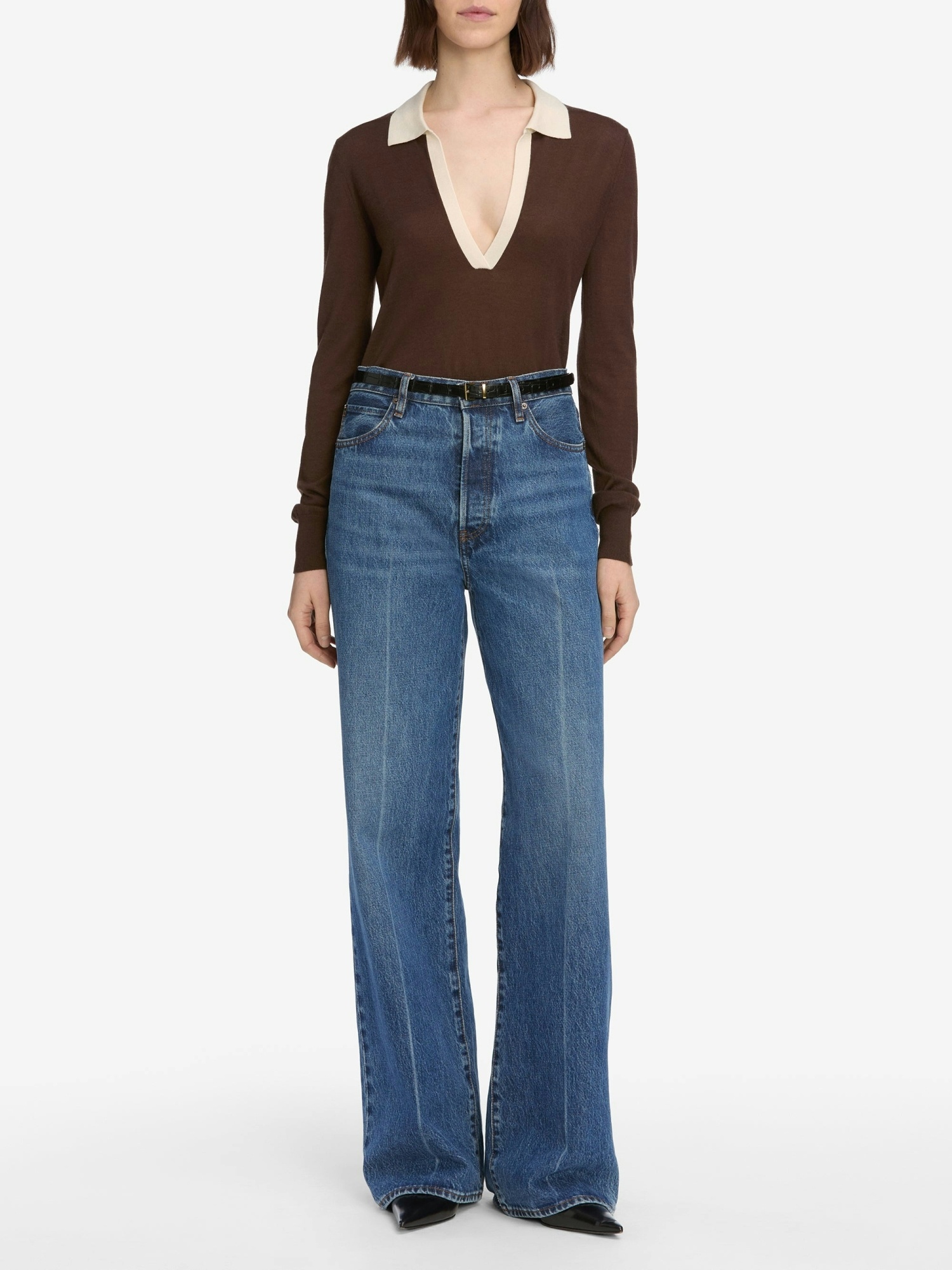 Frame Two-tone Long-sleeved Polo Shirt In Brown