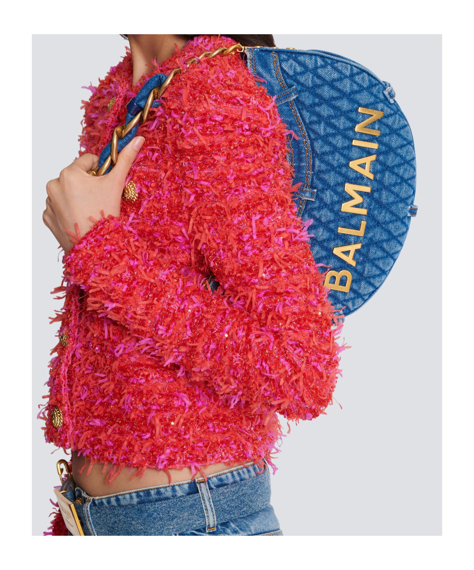 BALMAIN 1945 SOFT MOON BAG IN DIAMOND-QUILTED DENIM