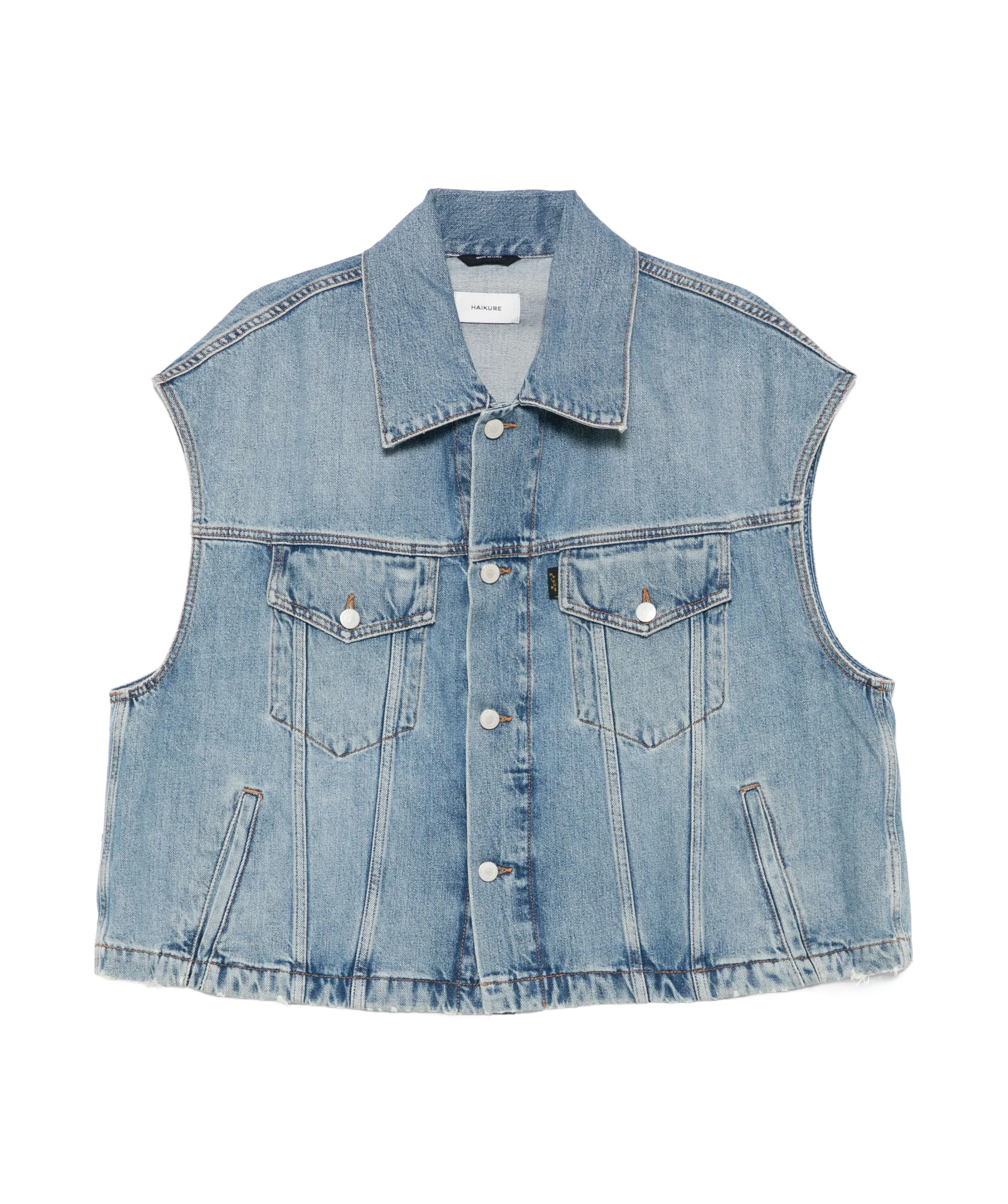 Haikure Boxy Denim Gilet With Pointed Collar In Blue