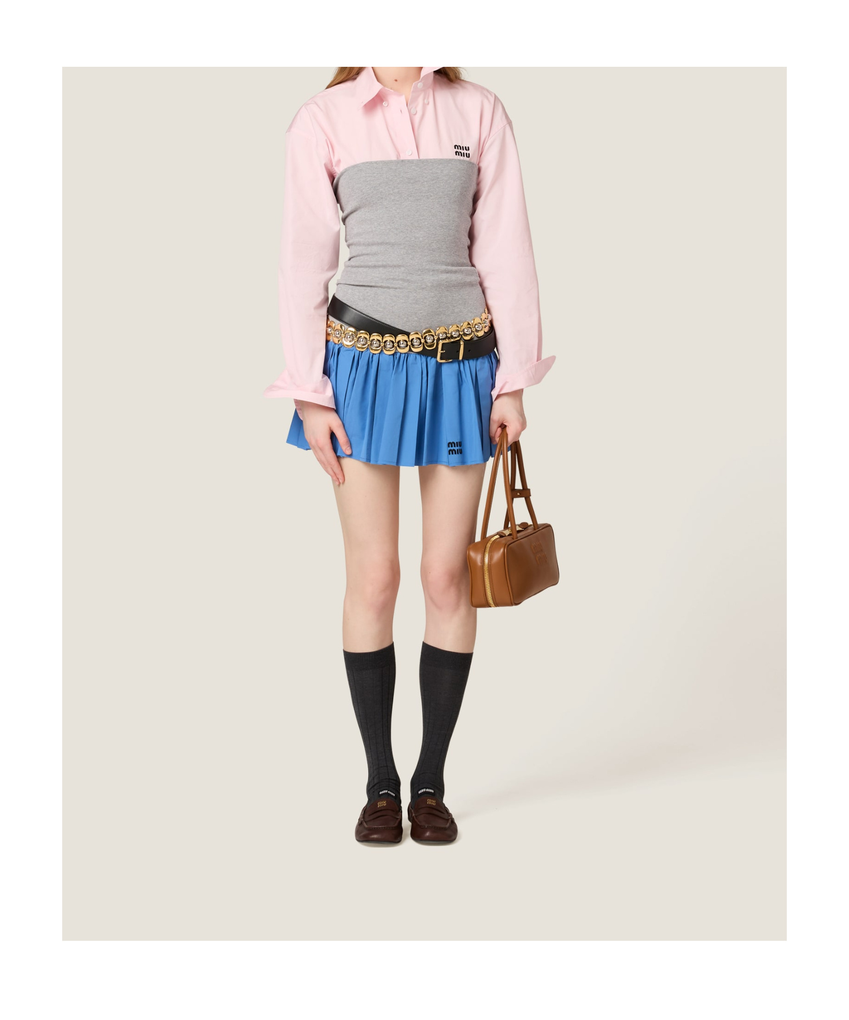 Miu Miu Poplin And Jersey Miniskirt In Multi