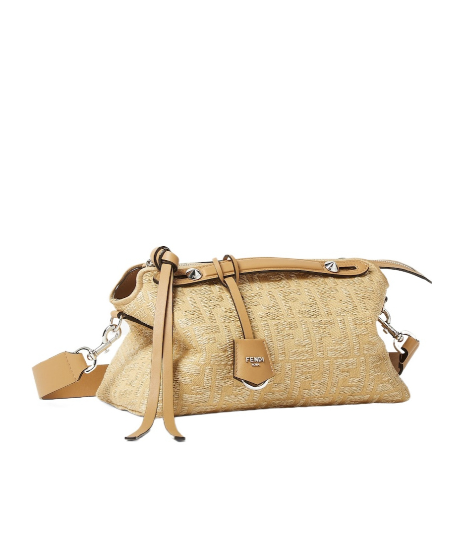 Shop Fendi Jacquard Fabric Bag With Raffia Ff In Beige