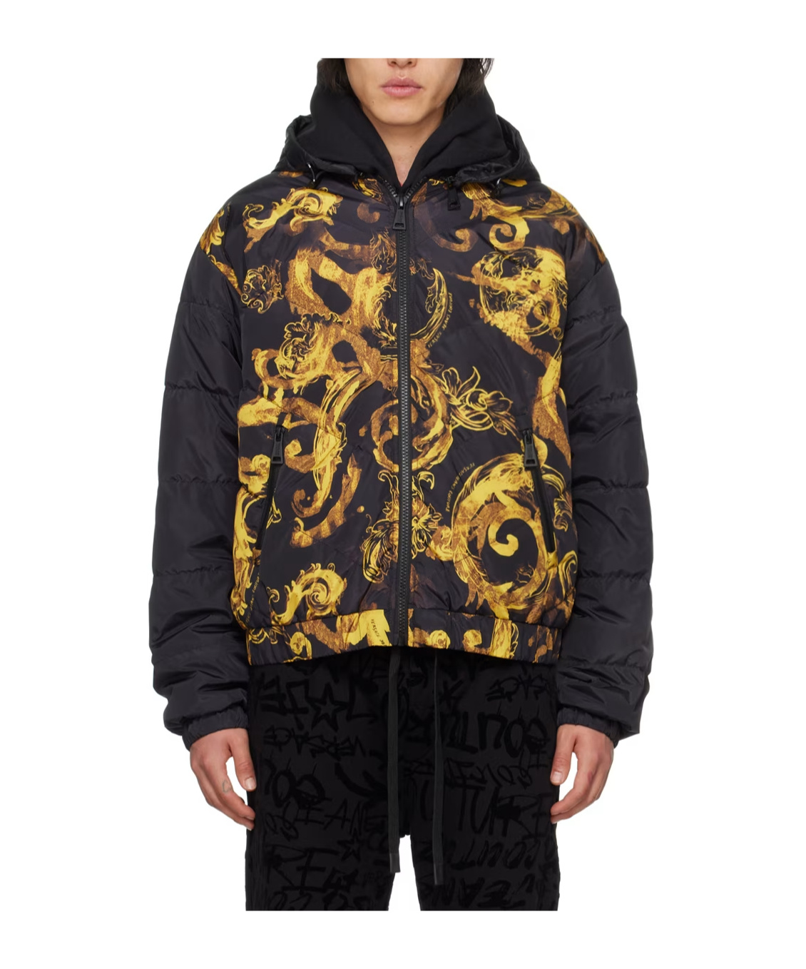 Versace Printed Quilted Down Jacket In Black