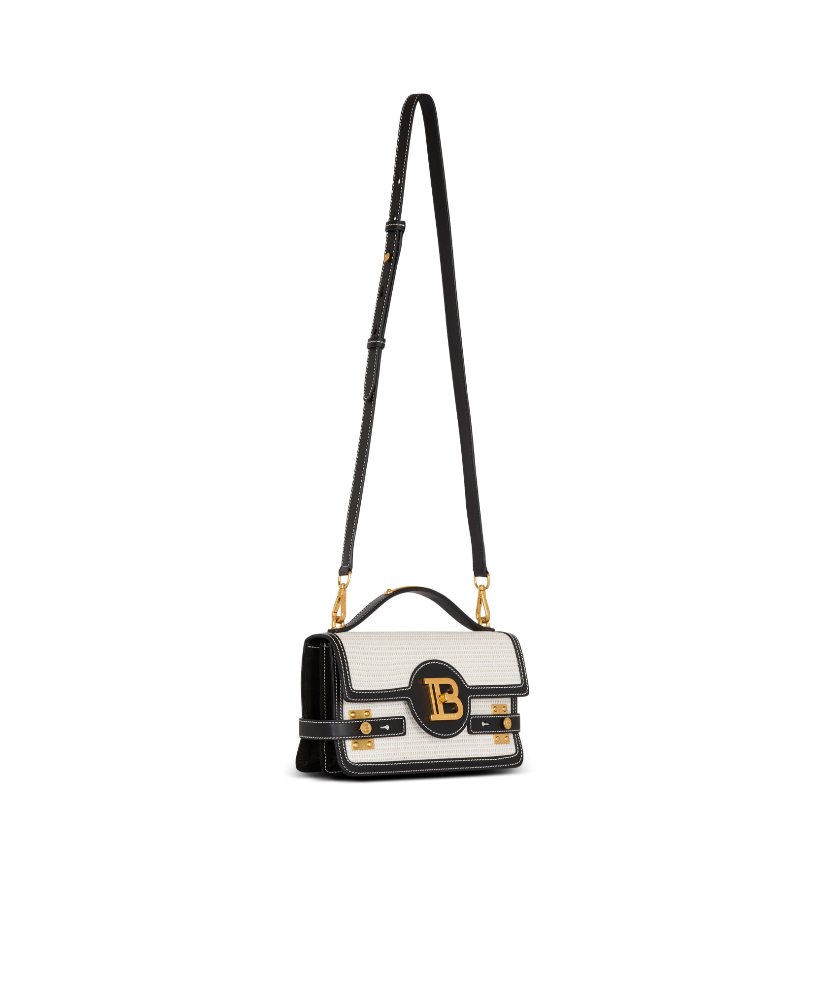 Balmain B-buzz 24 Shoulder Bag In Raffia And Calfskin In White