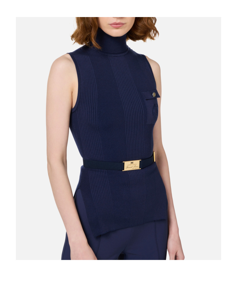 Elisabetta Franchi Logo Embroidered Narrow-ribbed Turtleneck Top In Black