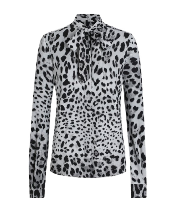 Dolce & Gabbana Leopard-print Charmeuse Shirt With Pussy-bow In Gray