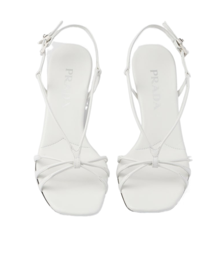 Prada Capretto Strappy Leather Sandals With Triangle Logo Charm In White