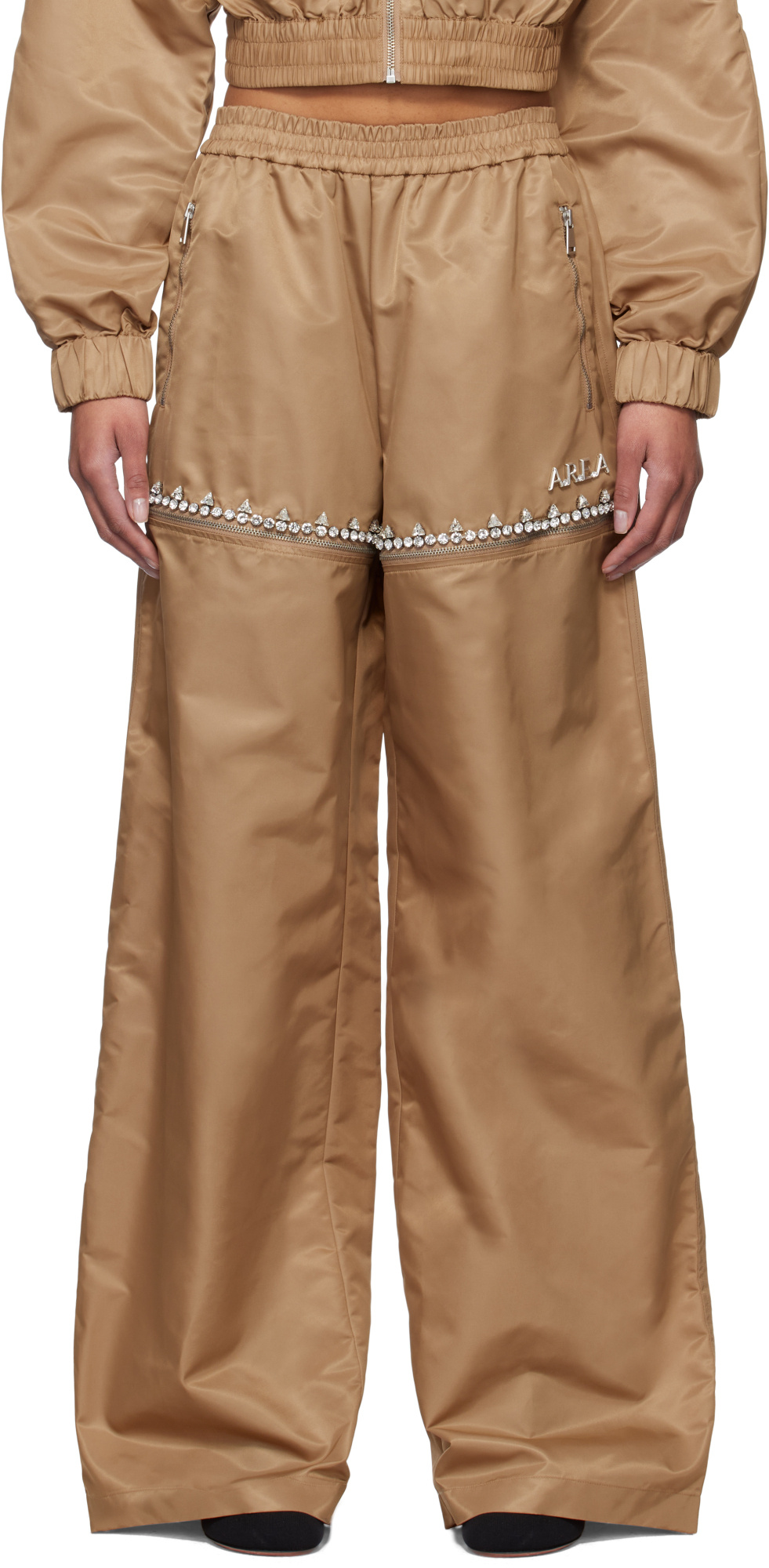 Shop Area Crystal Slit Track Pants In Brown