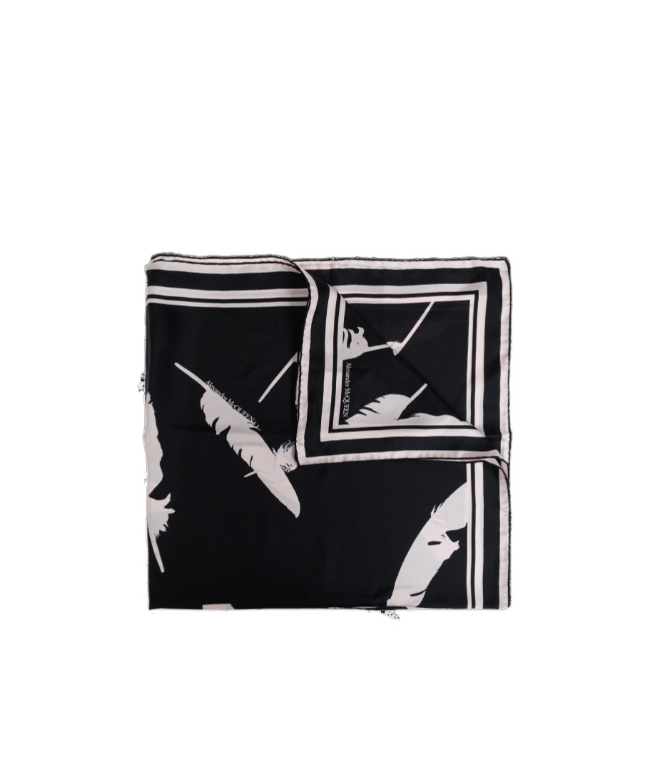 Alexander Mcqueen Feather Printed Scarf In Black