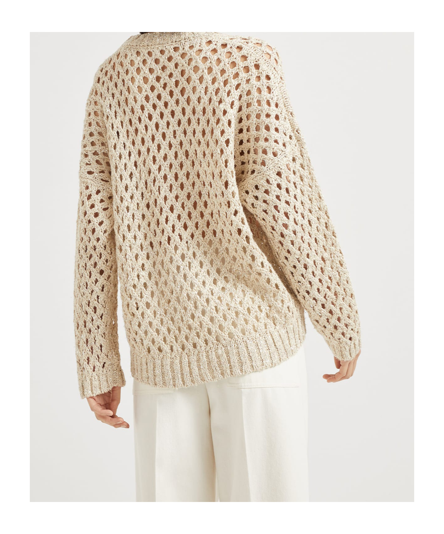 Brunello Cucinelli Sequined Open-knit Silk Sweater In Neutral
