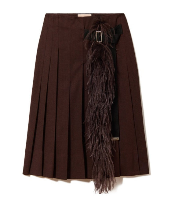 Plan C Brown Melange Pleated Midi Skirt With Feather Insert In Brown