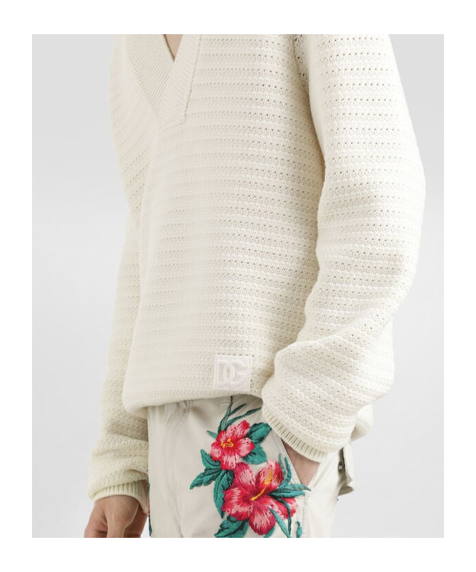 Dolce & Gabbana Wool V-neck Sweater With Dg Embroidery In White