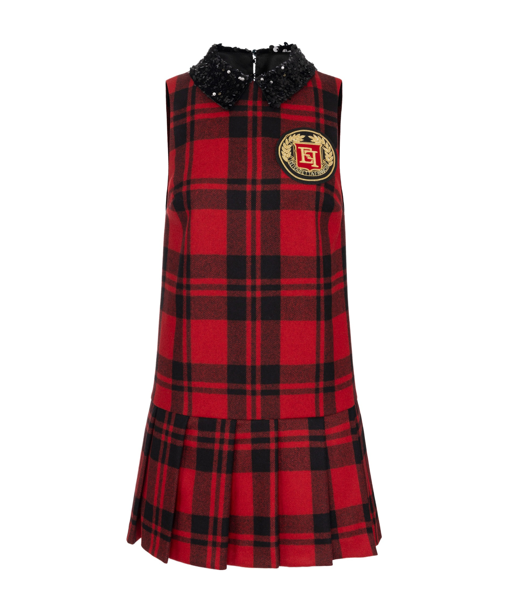 Elisabetta Franchi Red Wool Tartan Embroidered Patch Dress In Red