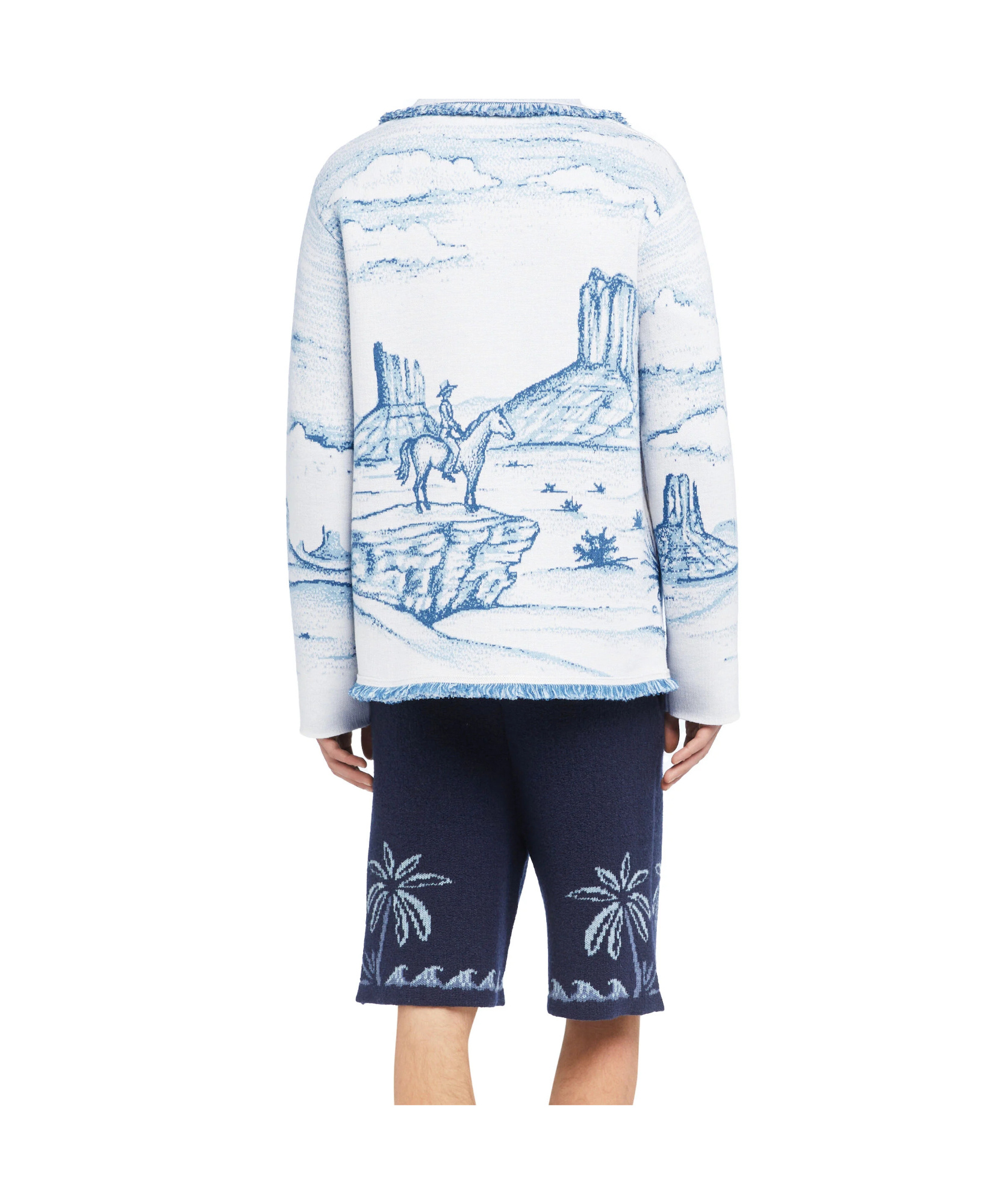 Alanui Silent Rider Landscape-intarsia Fringed Cardigan In Blue