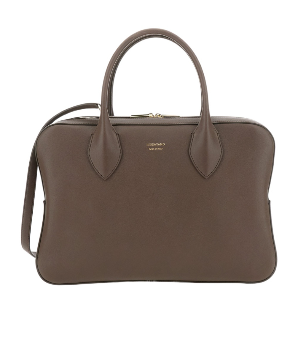 Ferragamo Brown Handbag With Three Zips And Logo Printed On The Front In Leather Woman In Brown