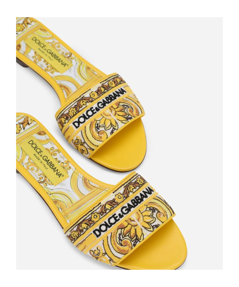 Dolce & Gabbana Yellow Sliders With Embroidered Majolica Pattern In Cotton And Leather Woman In Multicolor