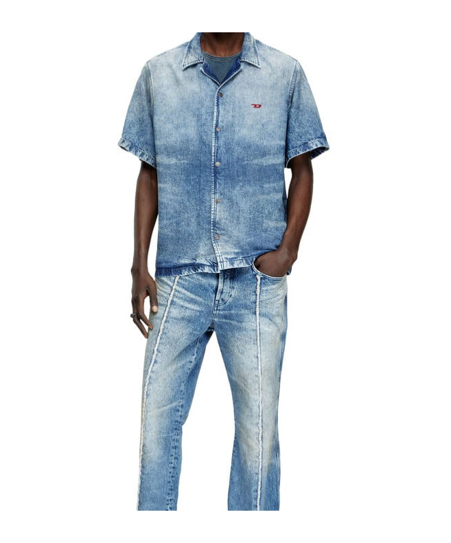DIESEL DIESEL D-NABIL-FSG DISTRESSED DENIM BOWLING SHIRT