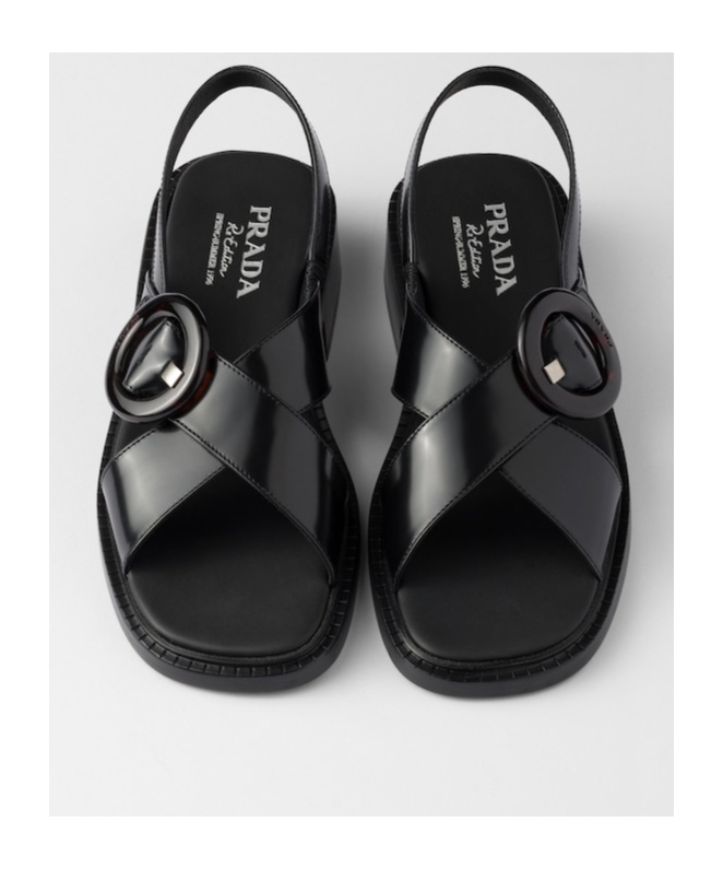 Prada Women's Brushed Leather Sandals With A Burnt Color Buckle In Black