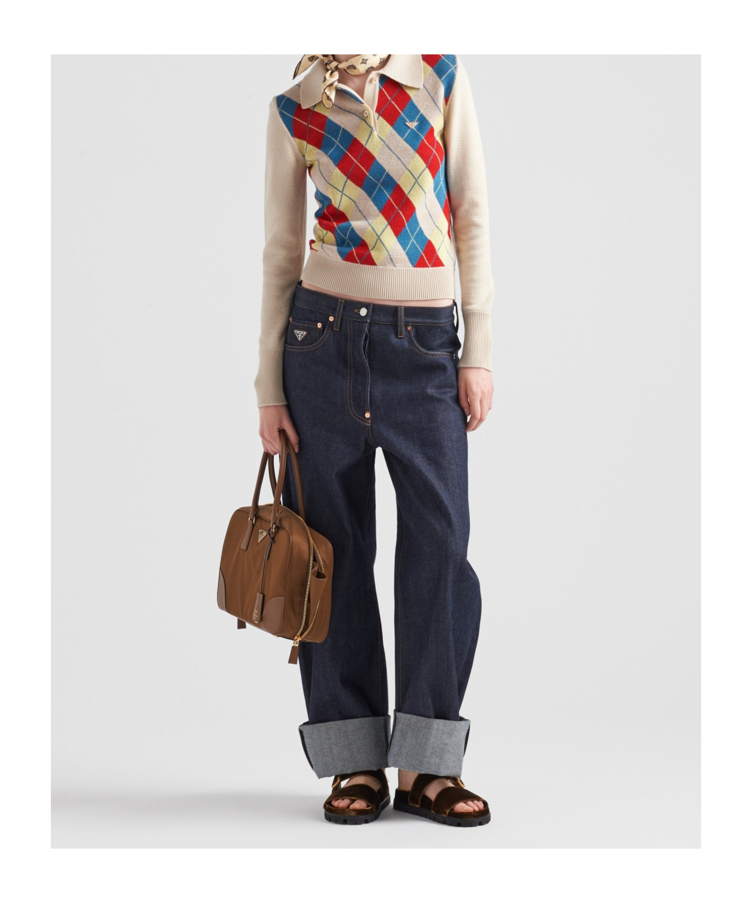 Shop Prada Argyle Knit Wool Polo Shirt In Yellow