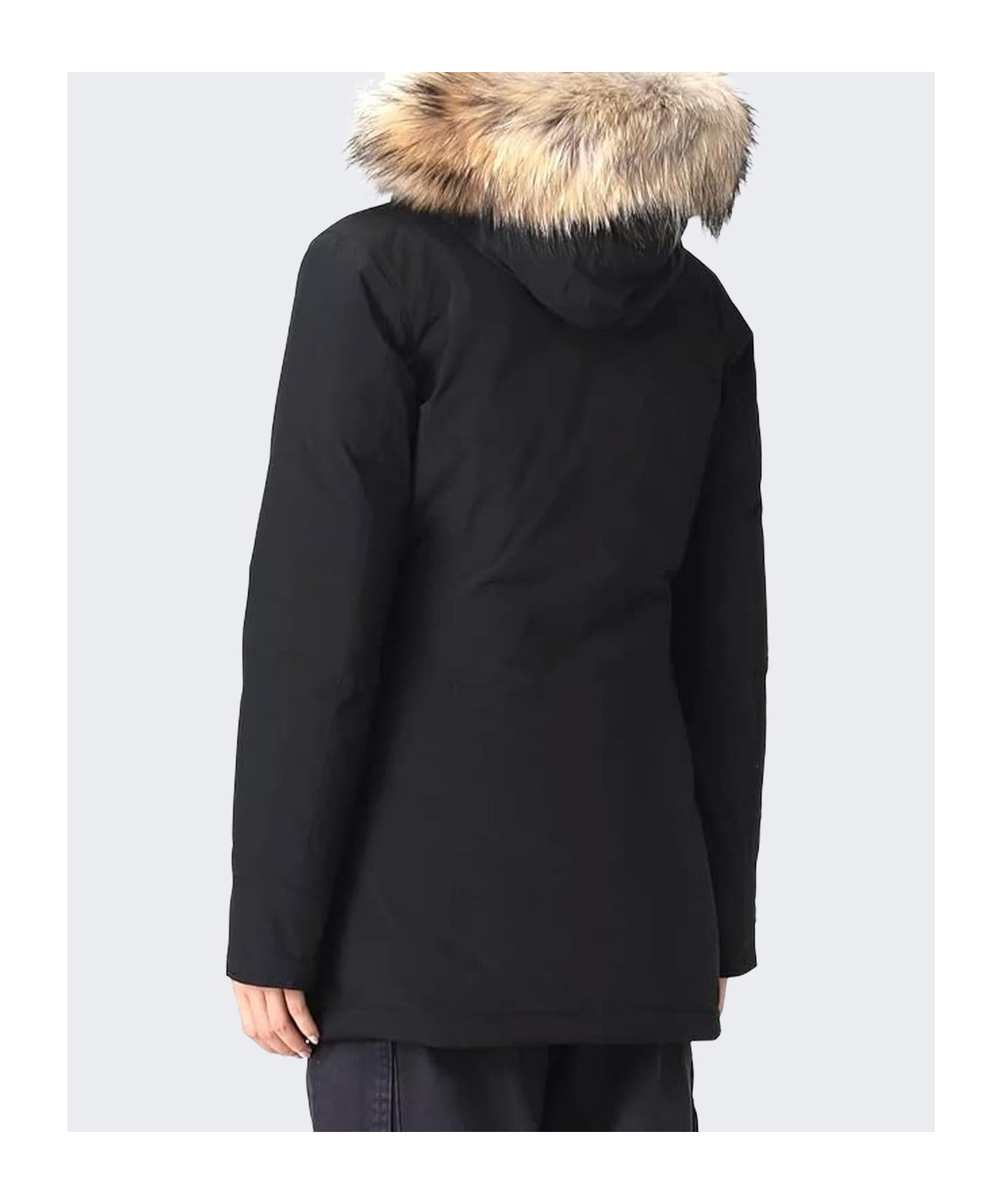 Woolrich Mid-length Black Parka With Detachable Fur-trimmed Hood In Black