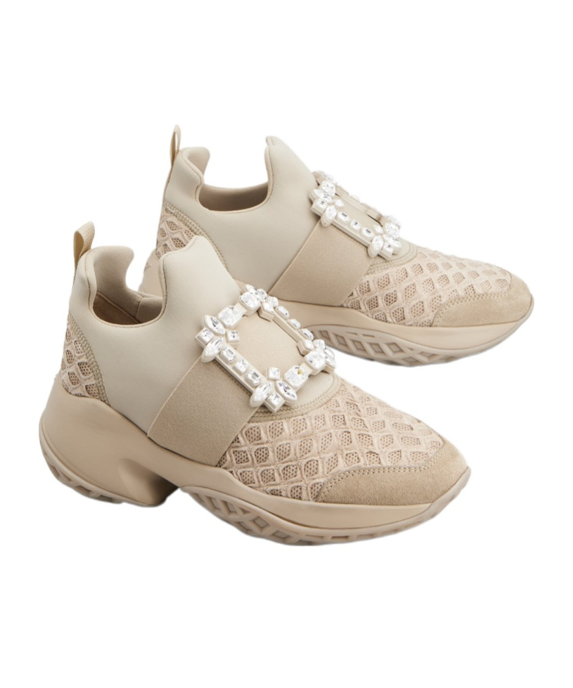 Roger Vivier Crystal Buckle Mesh Sneakers In Nude