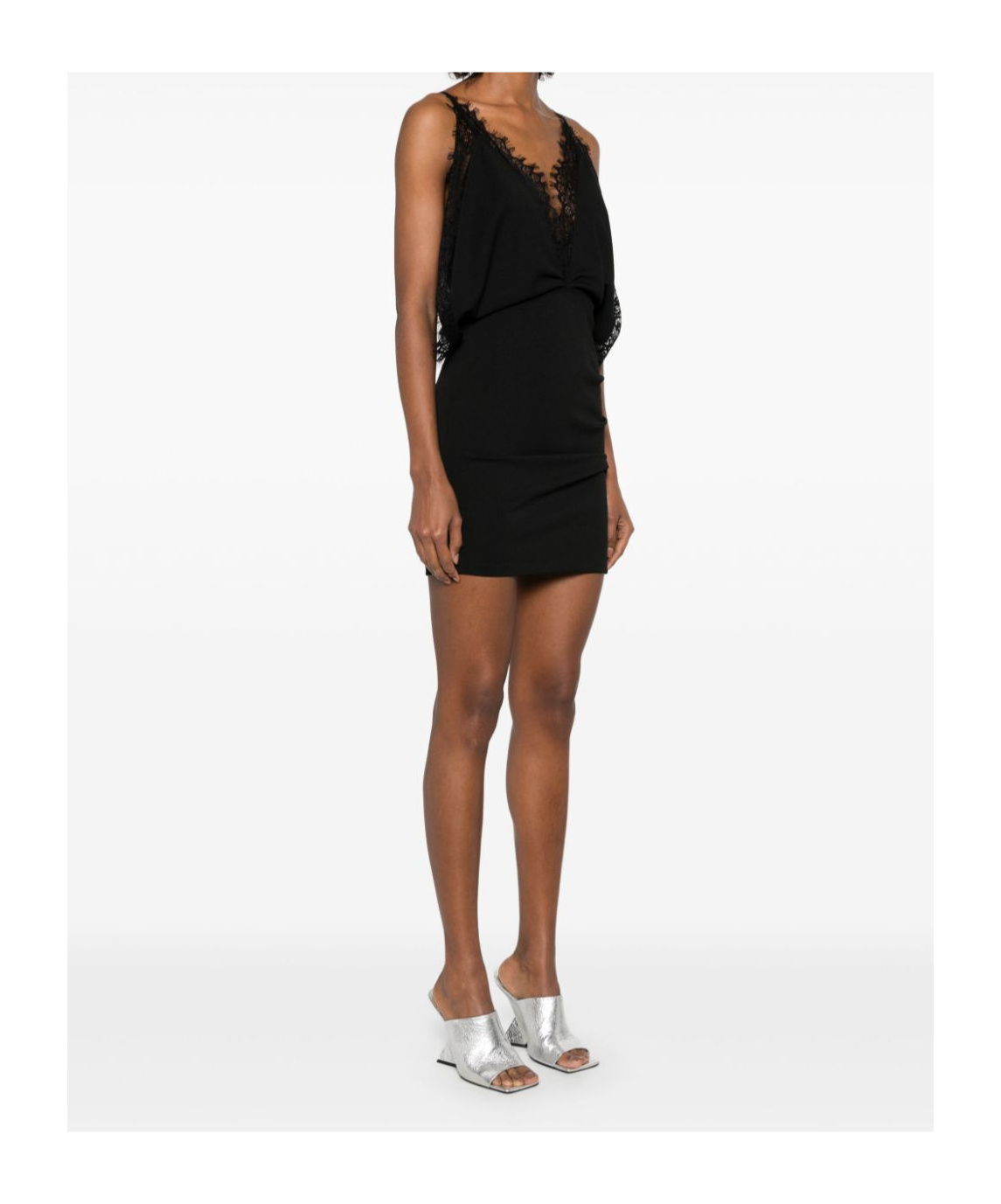 Attico Lace Trim Draped Detail Knee Length Dress In Black