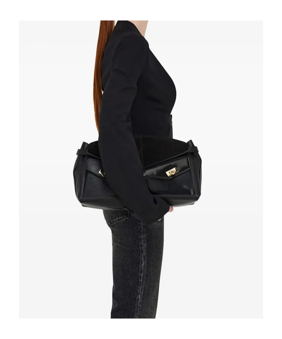 Ferragamo Hug Pouch Large Suede-trimmed Leather Shoulder Bag In Black