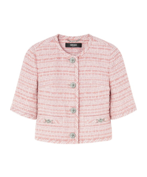 Versace Tweed Short-sleeved Cardigan Jacket In Pink